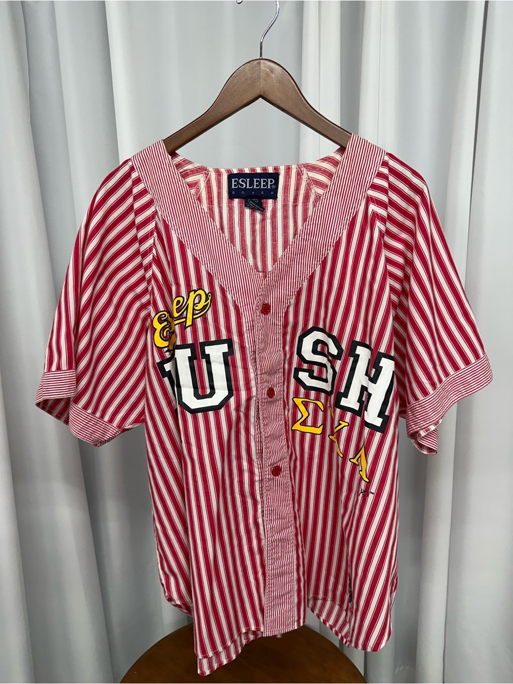 Vintage 90s ESLEEP Red & White Striped Button-Front Pajama Top sigma chi lambda